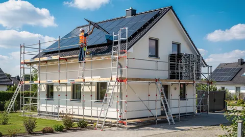 Gerüst für PV-Montage an Satteldach